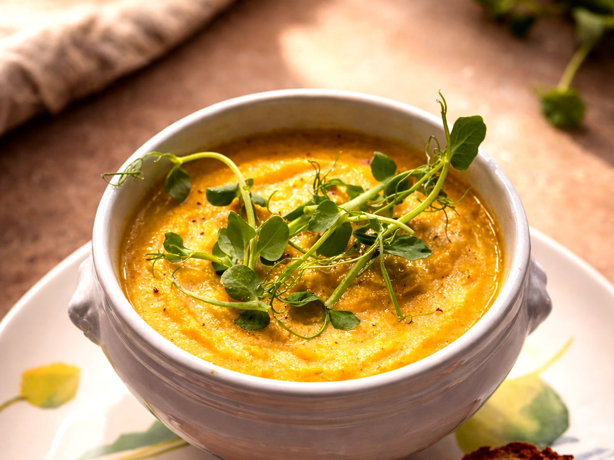 Creamy corn chowder in a bowl with buttered toast